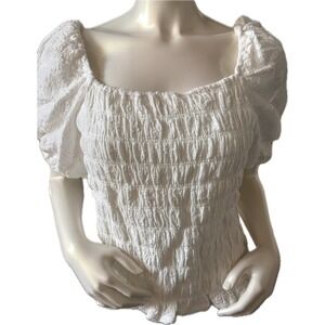 Design St.‎ Smocked Top Puff Sleeve Square Neck Blouse White XL